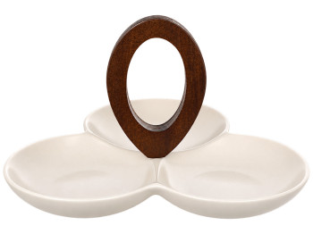 Менажница Natural Serving Cream фарфоровая с деревянной ручкой, 3 секции, 24×23×13 см