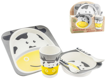 Набор детской бамбуковой посуды 5 предметов Stenson Коровка (тарелки, вилка, ложка, стакан)