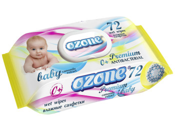 Вологі серветки дитячі Ozone Premium з екстрактом ромашки антибактеріальні 72шт з клапаном