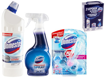 Комплект Domestos для чистки унитаза (Средство 1л, блок 55г) + универсальный спрей 500мл