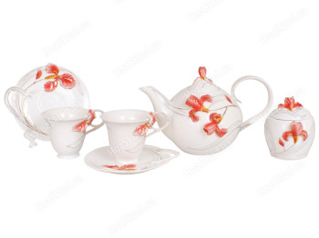 Набір Червоний ірис, 6 чашок + 6 блюдець + чайник +цукорниця (ціна за набір 14 предметів)