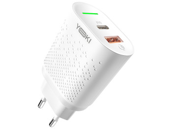 Сетевое зарядное устройство Yoki Led Series, USB-A + Type-C, 20W, Белый