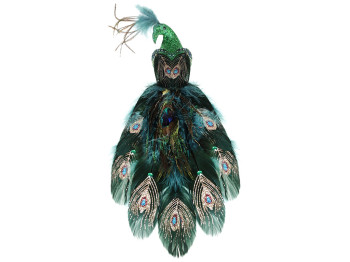 Декоративный Павлин на клипсе, 32см, цвет - изумрудный зеленый