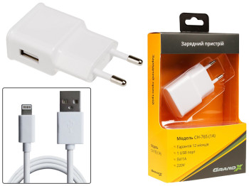 Зарядное устройство Grand-X CH765LTW USB 5В 1A White с защитой от перегрузки+cable USB-Lightning
