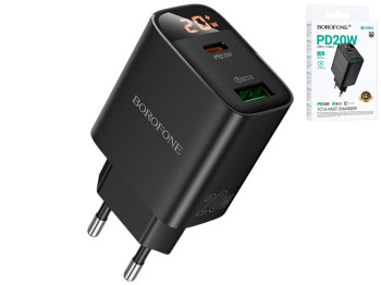 Зарядний пристрій Borofone BA96A, 1USB-C/1USB, PD/QC 20W, дисплей, 83×45×28мм, чорний