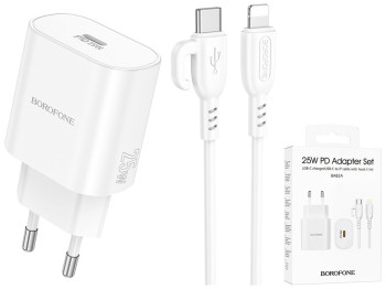 Сетевое зарядное устройство Borofone BA82A 1USB-C PD/QC 25W+Type-C to Lightning, цвет белый