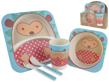 Набор детской бамбуковой посуды 5 предметов Stenson Ёжик (2 тарелки, вилка, ложка, стакан)