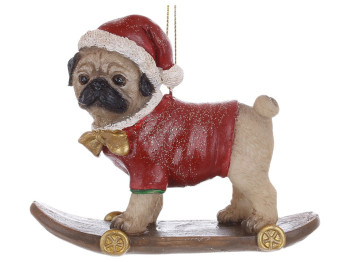 Подвеска декоративная Мопс на скейте, полистоун, 12×4,5×9,5см, цвет светло-коричневый с красным
