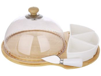 Набор для сыра Naturel с ножом, крышкой и тремя пиалками на бамбуковой подставке