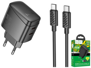 Мережевий зарядний пристрій Hoco CS62A 2USB-C PD/QC 45W GAN+Type-C to Type-C, колір чорний