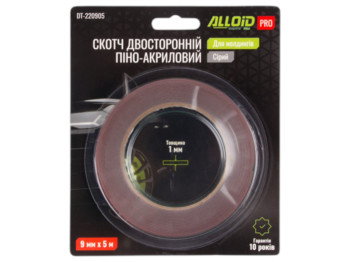 Скотч Alloid Pro, двосторонній, на піно-акриловій основі, 9 мм х 5 м, для молдингів, 1 мм