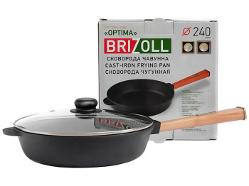 Сковорода чугунная со стеклянной крышкой Brizoll с ручкой Optima, O2460-P-C, 24х6,15см
