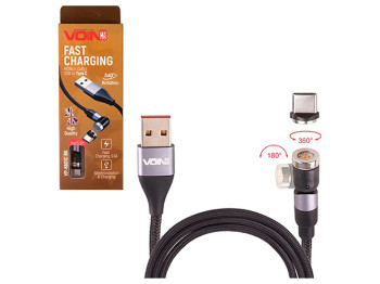 Кабель магнитный шарнирный Voin USB - Type C 3А, 1м, черный (быстрая зарядка/передача данных)