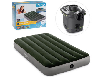 Надувной матрас Intex 64777, ПВХ с велюровым покрытием, насос на батарейках, 191×99×25см, зеленый