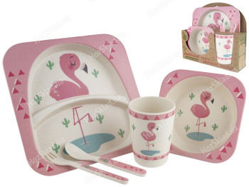 Набор детской бамбуковой посуды 5 предметов Stenson Фламинго (2 тарелки, вилка, ложка, стакан)