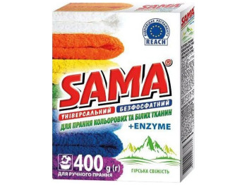 Стиральный порошок бесфосфатный для стирки цвет. и бел. ткан. Горная свежесть Sama, 400г, ручная ст.