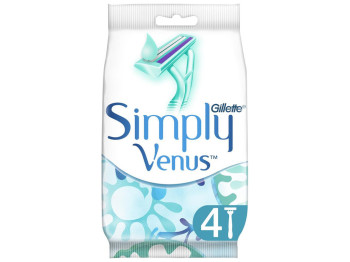 Станок для бритья Gillette Simply Venus 2, одноразовый, алоэ, 2 лезвия, пластик, цвет голубой, 4шт