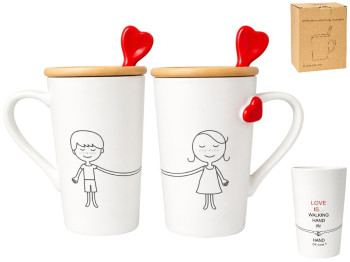 Чашка Led Love Is С, с крышкой и ложкой, фарфор, бамбук, 360мл, цвет белый