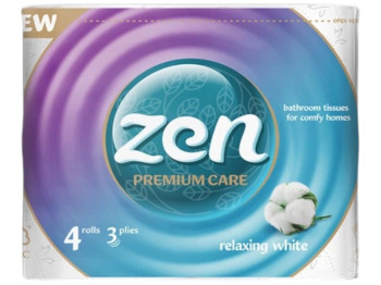 Папір туалетний Zen Premium Care Relaxing White, 3 шари, 4 рулони, 18,9 м, колір білий