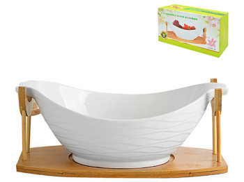 Фруктовница фарфоровая на бамбуковой подставке White Classic 14" 35х21х14см