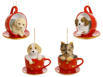 Фигурка декоративная Собака в чашке, полистоун, 8см и 10см, цвет красный, 4 дизайна (цена за 1шт)