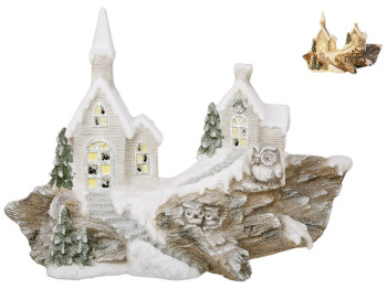 Фигура декоративная с LED подсветкой Домик в лесу с белым снегом, 46см, цвет светло-коричневый