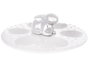 Подставка для 6ти яиц фарфоровая белая с серебряным кроликом D26,5x9см