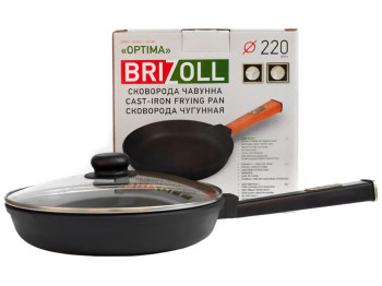 Сковорода чугунная со стеклянной крышкой Brizoll, 22х4,25см, с ручкой Optima-Black, O2240-P1-C