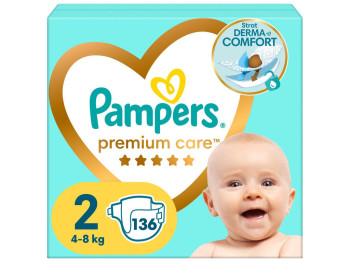 Подгузники Pampers Premium Care 2, одноразовые, индикатор влаги, размер 2, 4-8кг, 136шт/уп