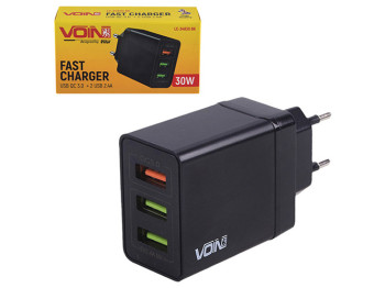 Мережевий зарядний пристрій VOIN 30W, 3 USB, QC3.0 (Port 1-5V*3A/9V*2A/12V*1.5A. Port 2/3-5V2.4A)