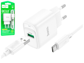 Сетевое зарядное устройство Hoco C140A 1USB QC 18W+USB to Type-C, цвет белый