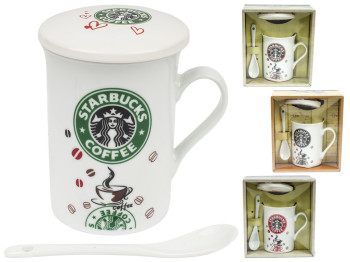 Набор подарочный "Starbucks" чашка керамическая с крышкой и ложкой (цена за набор 3 предмета)