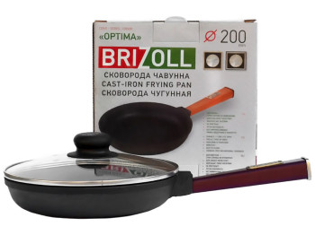Сковорода чугунная со стеклянной крышкой Brizoll, 20х3,85см с ручкой Optima-Bordo, O2035-P2-C