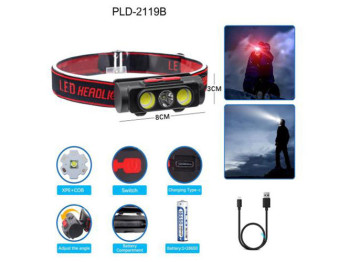 Ліхтар налобний PLD-2119B-XPE+2COB(white+red), 1х18650, ЗУ Type-C, Box (PLD-2119B-XPE+2COB)