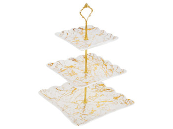 Этажерка трехъярусная Мраморная Роскошь, квадратная , фарфор, 26х26х37см, цвет белый с золотом