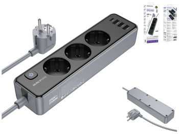 Сетевой удлинитель Borofone BAC8 1C3A, 2м, USB 3 порта, Type-C, AC, цвет черный