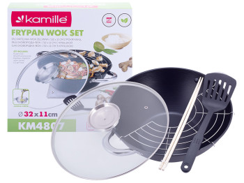 Казан чугунный Kamille Wok с ант. покрытием, крышкой, лопаткой, сеткой и 2 палочками D32см 6,5л