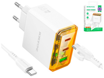 Сетевое зарядное устройство Borofone BAS34A, 2Type-C+1USB, PD/QC 3.0, 65Вт, 130×85×35мм, цвет белый
