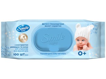 Серветки вологі дитячі Smile Baby з екстрактом ромашки та алое, з клапаном, 80x100x280мм, 100шт