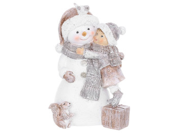 Фигурка декоративная Снеговик с девочкой, полистоун, 10×8,5×15,5см, цвет серый с бежевым