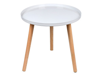 Стол журнальный металлический, круглый, белый с деревянными ножками, 42×42см