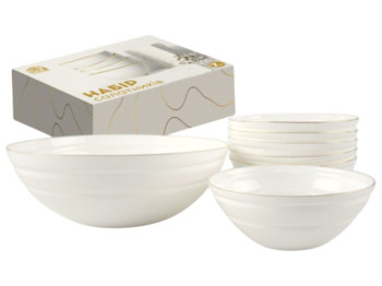 Набор салатников S&T, 7 штук, 1.5 л и 6 по 400 мл, золотой кант, стеклокерамика, цвет белый