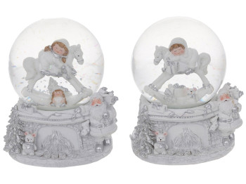 Стеклянный шар с водой Сладкий сон, с музыкой, 2 дизайна - мальчик и девочка, 13,3см, цвет - белый с