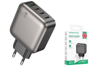 Мережевий зарядний пристрій Borofone BAS57A 3USB-C/1USB PD/QC 67W GAN, колір чорний