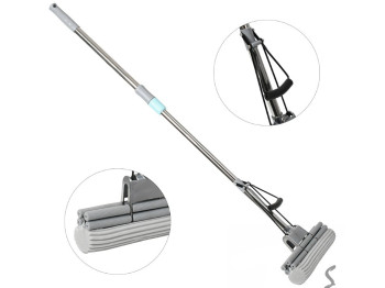 Швабра з віджимом, телескопічна ручка, залізо, пластик, ПВА, 128×27см, колір сірий