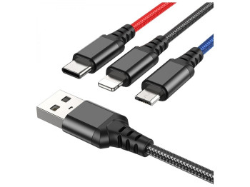 Кабель USB Hoco X76 3-in-1 IP+Type-C+Micro 2A Цвет Черный/Красный/Синий