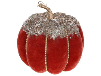 Новогодний декор Тыква с бархатным покрытием и декором из страз, цвет - темно-оранжевый, 21см