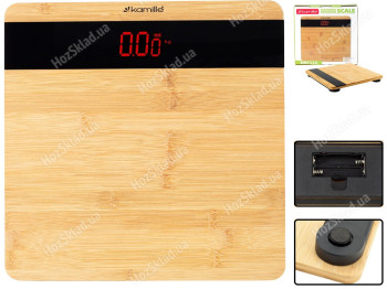 Весы напольные электронные Kamille бамбуковые до 180кг LCD-дисплей 2хААА 28х28х3,2см
