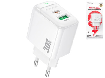 Зарядний пристрій Borofone BAS45A, 30Вт, 1USB-C+1USB, 76,4×44×29мм, колір білий