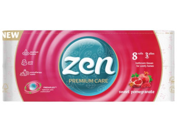 Папір туалетний Zen Premium Care Sweet Pomegranate, 3 шари, 8 рулонів, 18,9 м, колір білий